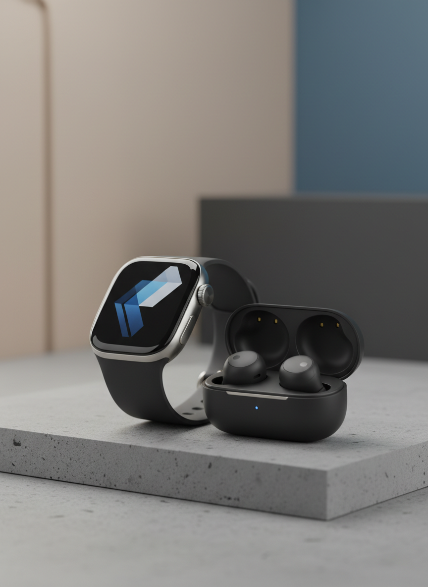 A sleek, close-up arrangement of a graphite-black smartwatch and matching wireless earbuds, both with smooth matte finishes and tiny metallic accents, resting on a cool gray concrete slab. The photographic scene is set against a softly blurred background of neutral-toned geometric shapes, suggesting a modern tech showroom without any human presence. Cool, diffused studio lighting from above and slightly behind creates crisp highlights along the watch’s curved glass display and the earbuds’ contours, casting gentle, controlled shadows. Shot at eye level with a shallow depth of field, the composition centers the devices with ample negative space for text. The mood is highly professional, clean, and aspirational, embodying cutting-edge smart gadget trends.
